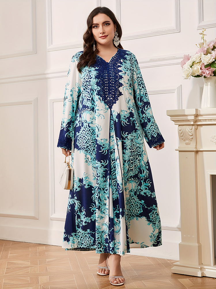 WomenS Plus Size Maxi Dress With Long Sleeve V-Neck And Floral Print